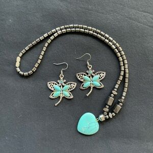 Turquoise and Metal Necklace and Earring Set